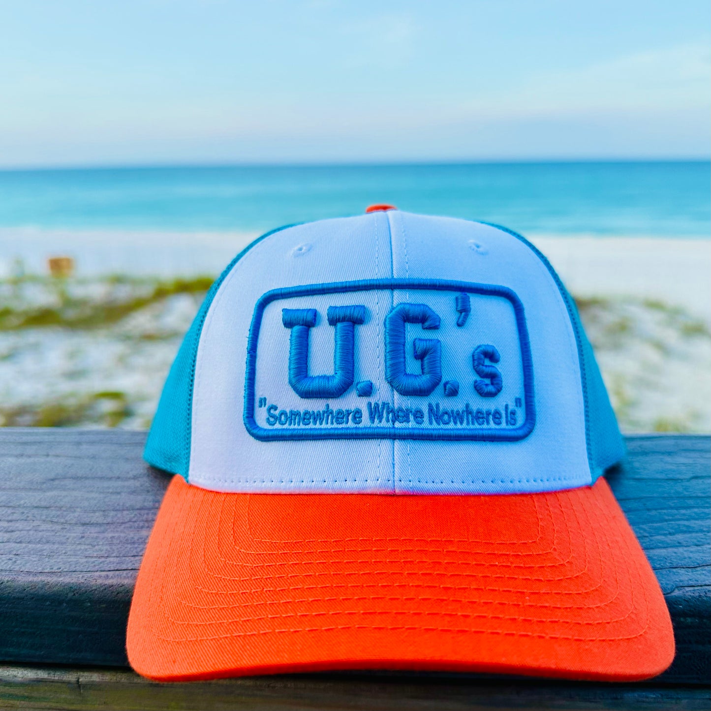 UG’s Puff Trucker Hat - White/Hawaiian Blue/Pale Orange