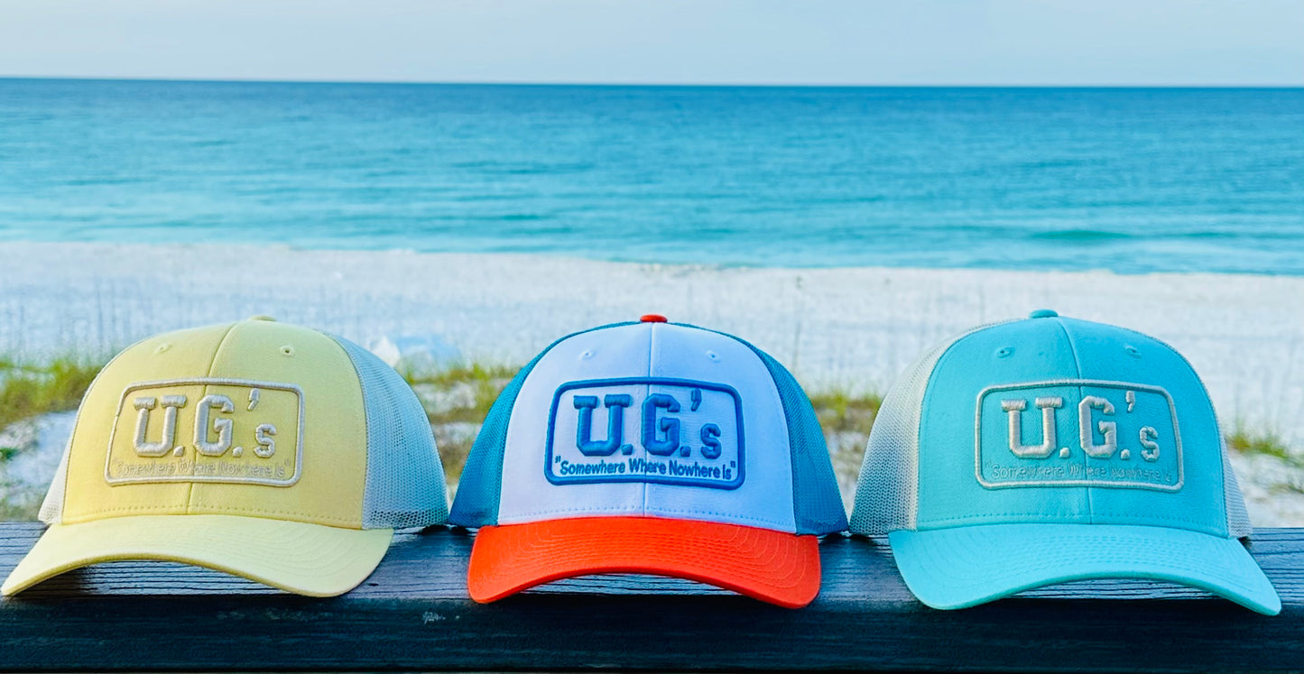 UG’s Puff Trucker Hat - White/Hawaiian Blue/Pale Orange