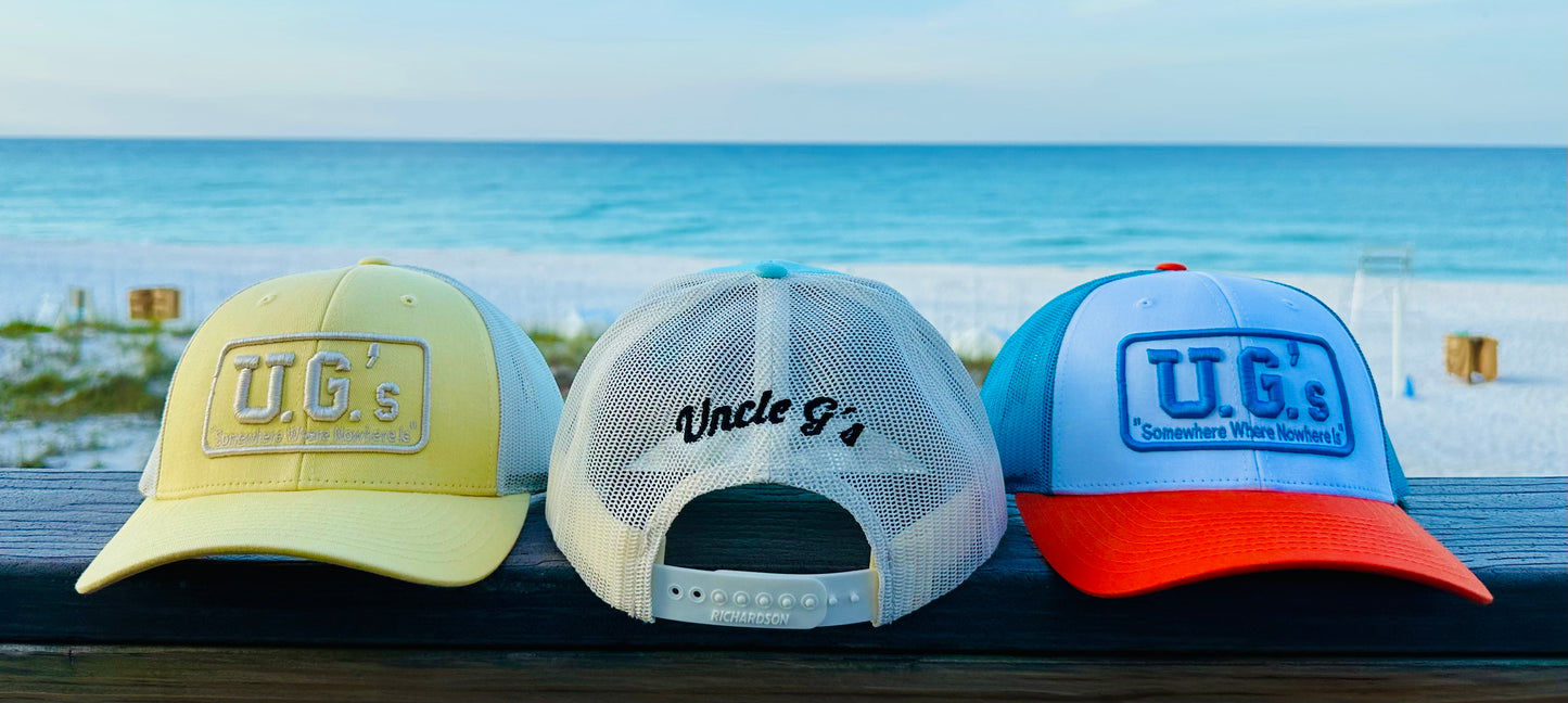 UG’s Puff Trucker Hat - White/Hawaiian Blue/Pale Orange