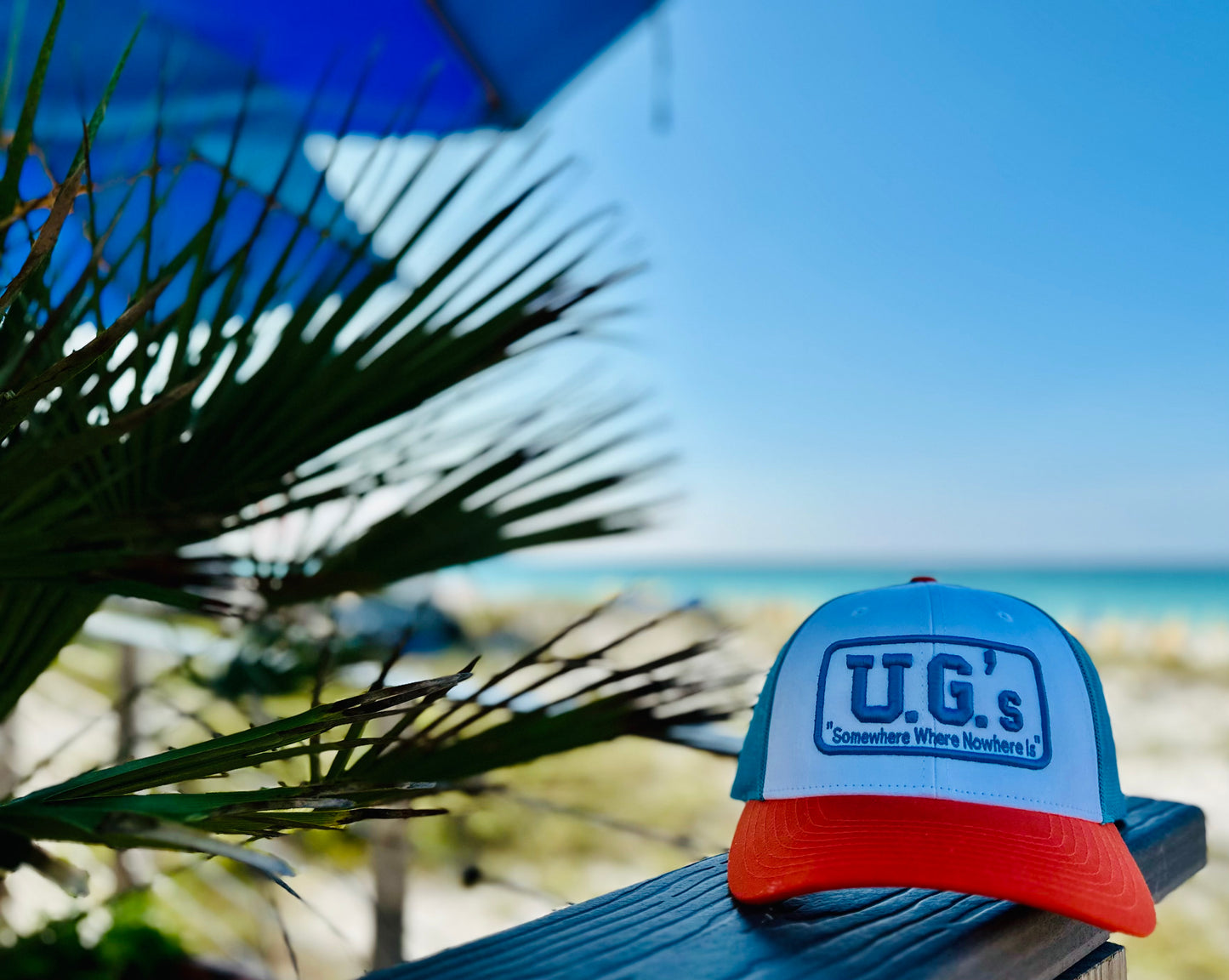 UG’s Puff Trucker Hat - White/Hawaiian Blue/Pale Orange
